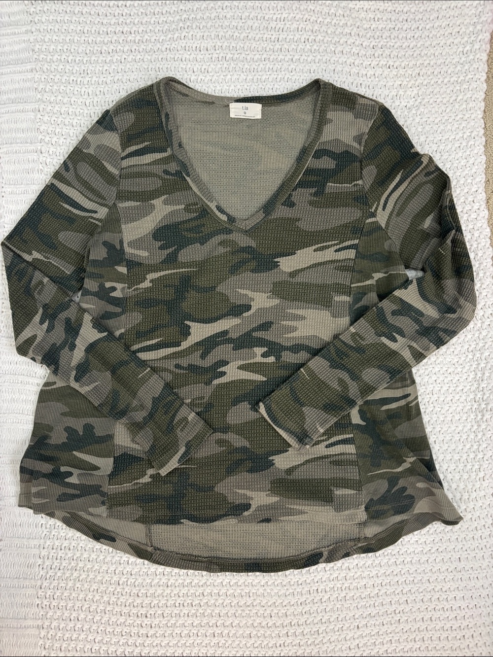 Waffle Knit V-Neck Camo Long Sleeve Top - Green